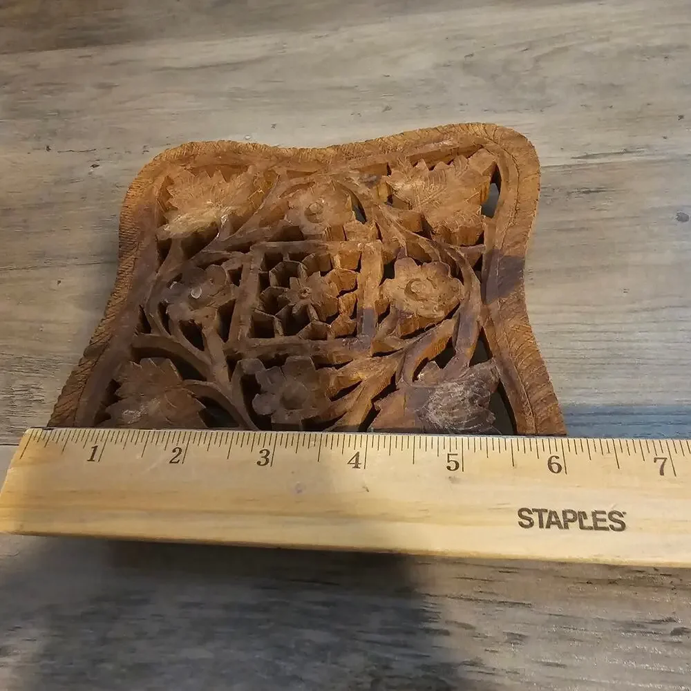 Vintage Hand Carved Wooden Trivet Indian Teak Hot Plate Boho Footed Wall Decor